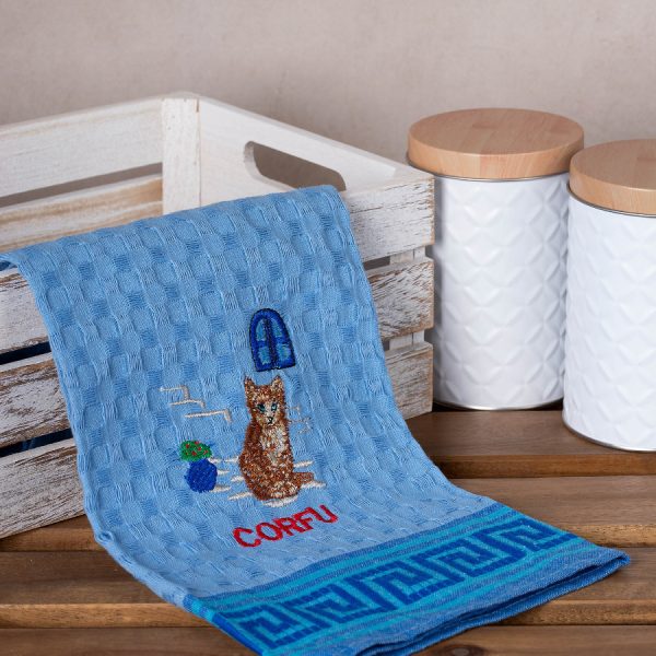 Σετ 12 τεμαχίων ποτηρόπανα γκοφρέ (50cm x 70cm) μπλέ γάτα CORFU SilkFashion