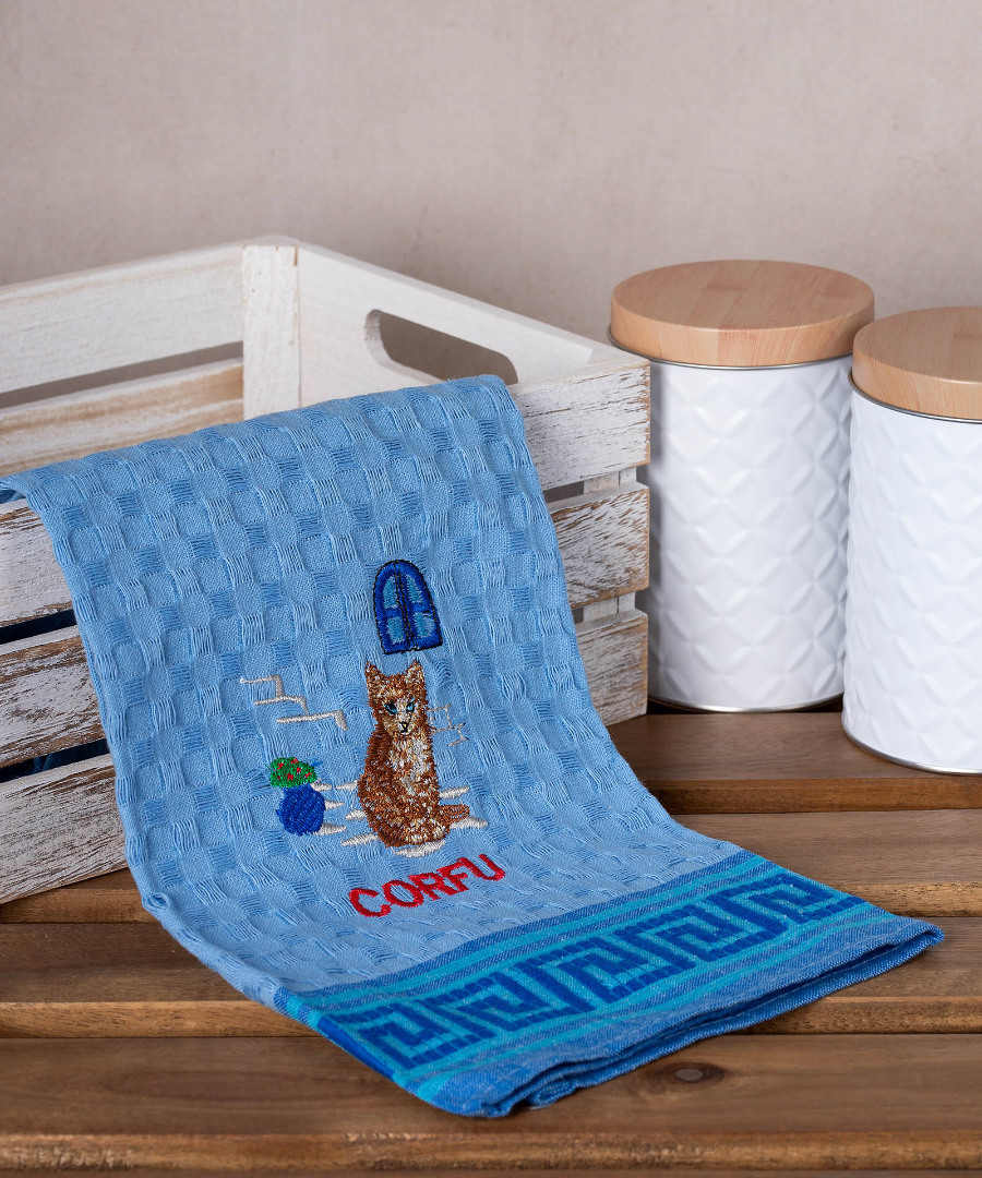 corfu-gata-mple Σετ 12 τεμαχίων ποτηρόπανα γκοφρέ (50cm x 70cm) μπλέ γάτα CORFU SilkFashion - Image 1