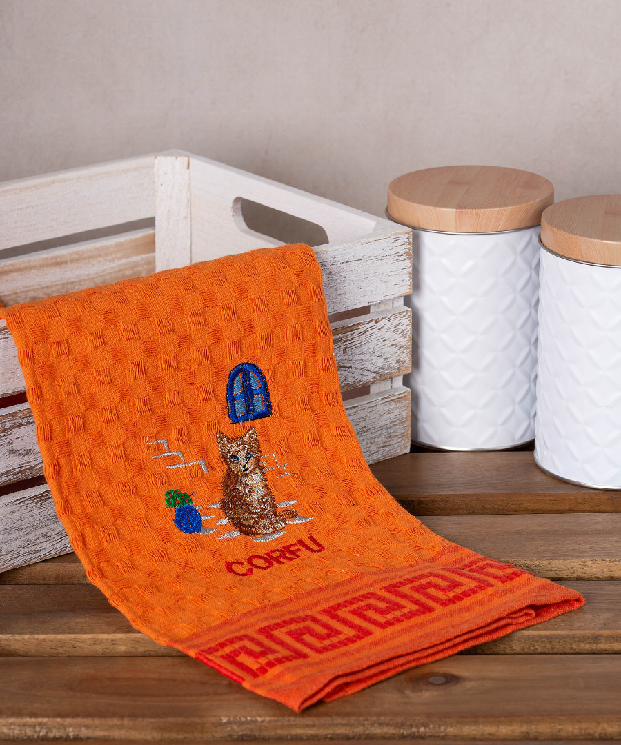 corfu-gata-portokali Σετ 12 τεμαχίων ποτηρόπανα γκοφρέ (50cm x 70cm) πορτοκαλί γάτα CORFU SilkFashion - Image 1