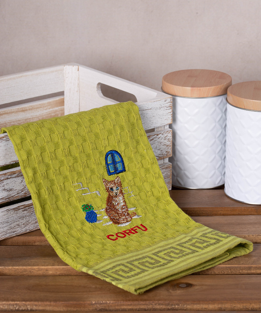 corfu-gata-prasino Σετ 12 τεμαχίων ποτηρόπανα γκοφρέ (50cm x 70cm) πράσινο γάτα CORFU SilkFashion - Image 1