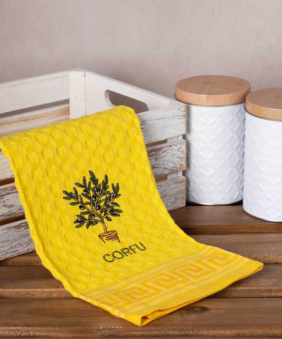 corfu-glastra-kitrino Σετ 12 τεμαχίων ποτηρόπανα γκοφρέ (50cm x 70cm) κίτρινο γλάστρα CORFU SilkFashion - Image 1