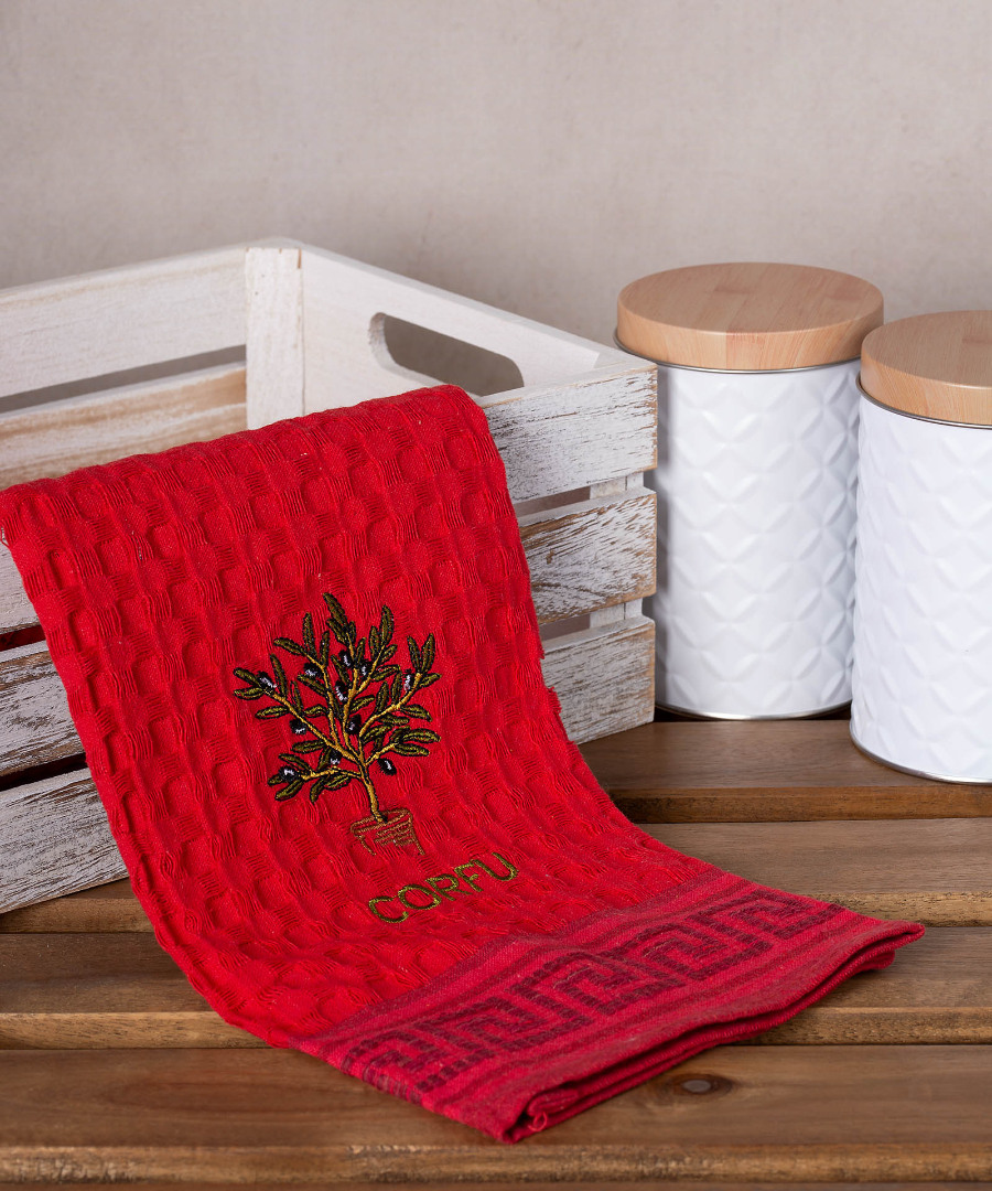 corfu-glastra-kokkino Σετ 12 τεμαχίων ποτηρόπανα γκοφρέ (50cm x 70cm) κόκκινο γλάστρα CORFU SilkFashion - Image 1