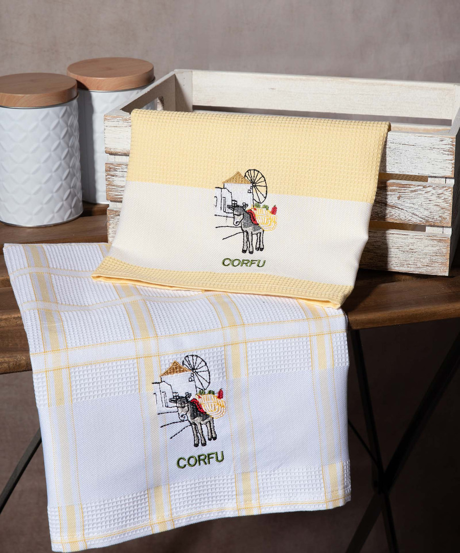 corfu-kitrino-anemomylos Σετ 2 τεμαχίων ποτηρόπανα (50cm x 70cm) ανεμόμυλος κίτρινο CORFU SilkFashion - Image 1