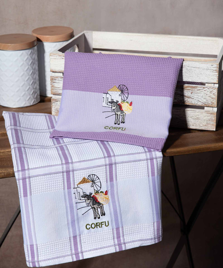 corfu-lila-anemomylos Σετ 2 τεμαχίων ποτηρόπανα (50cm x 70cm) ανεμόμυλος λιλά CORFU SilkFashion - Image 1