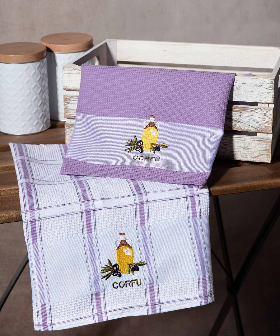 corfu-lila-mpotilia Σετ 2 τεμαχίων ποτηρόπανα (50cm x 70cm) μπουκάλι λιλά CORFU SilkFashion - Image 1