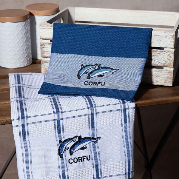 Σετ 2 τεμαχίων ποτηρόπανα (50cm x 70cm) μπλέ δελφίνι CORFU SilkFashion