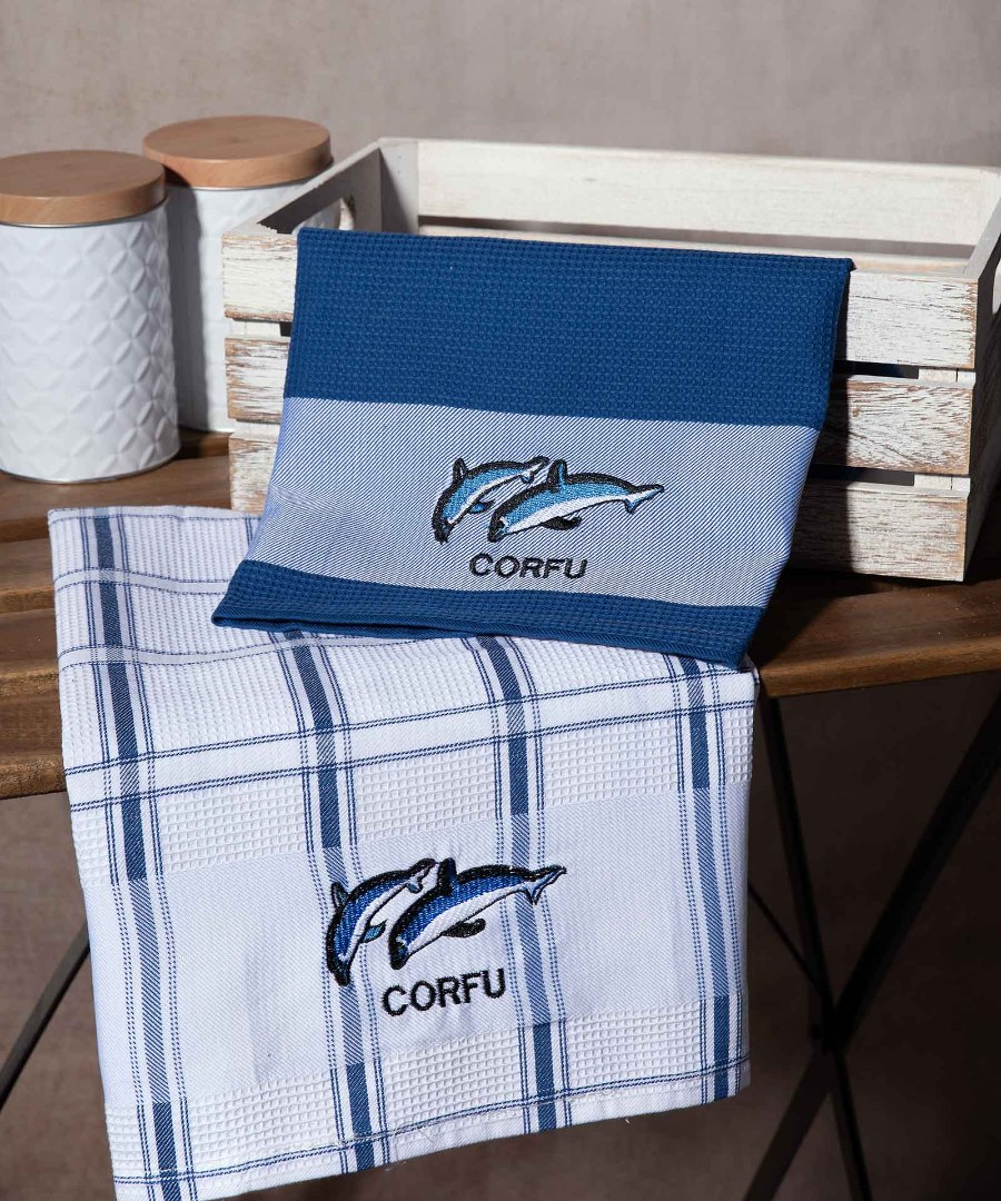 corfu-mple-delfini Σετ 2 τεμαχίων ποτηρόπανα (50cm x 70cm) μπλέ δελφίνι CORFU SilkFashion - Image 1