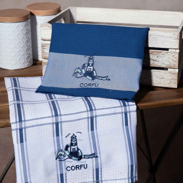 Σετ 2 τεμαχίων ποτηρόπανα (50cm x 70cm) μπλέ φάρος CORFU SilkFashion