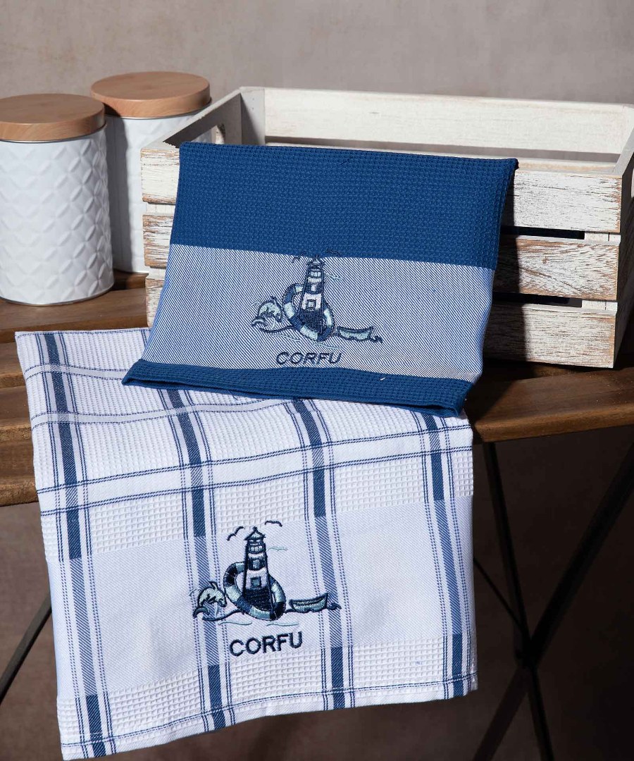 corfu-mple-faros Σετ 2 τεμαχίων ποτηρόπανα (50cm x 70cm) μπλέ φάρος CORFU SilkFashion - Image 1