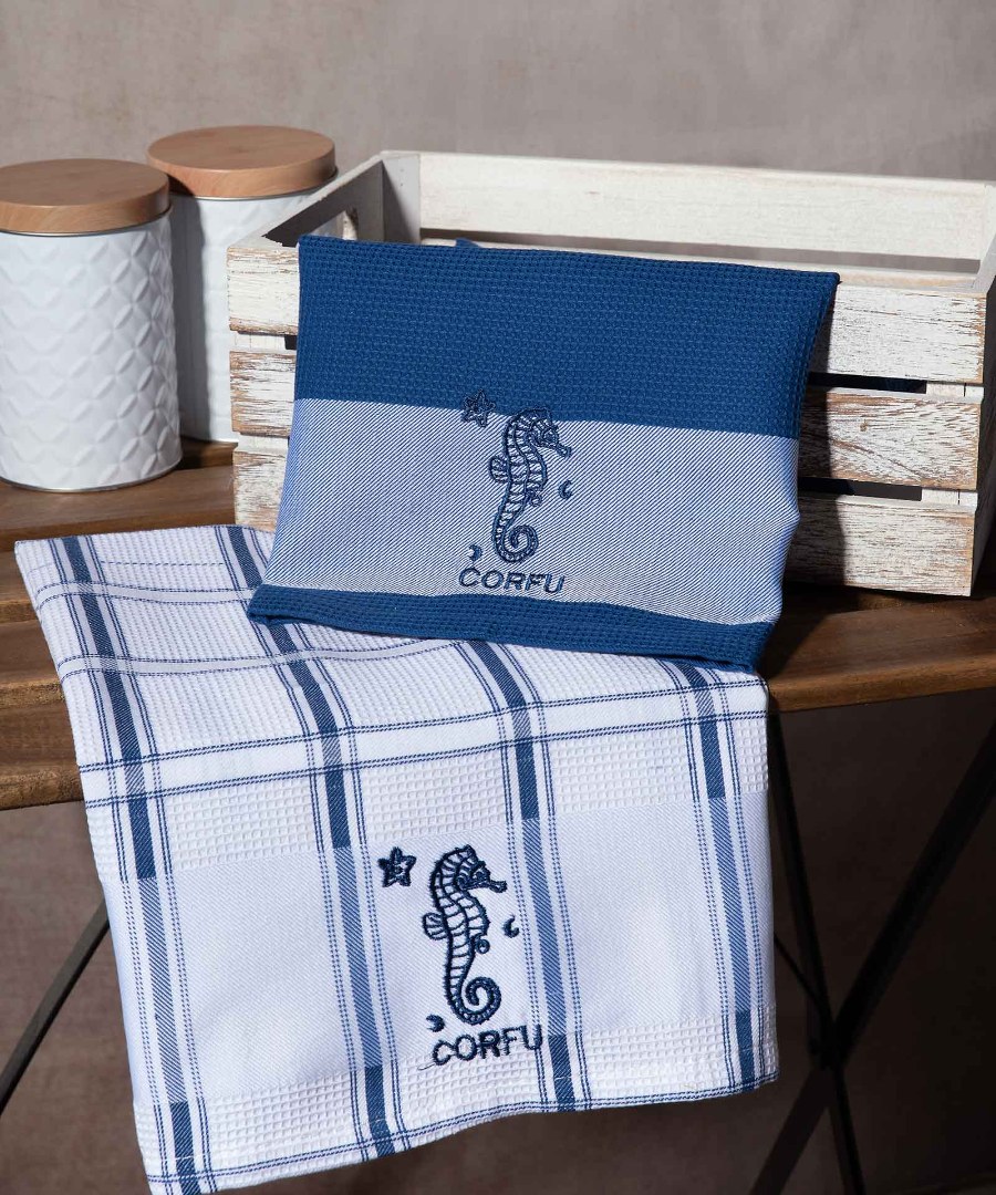 corfu-mple-ippokampos Σετ 2 τεμαχίων ποτηρόπανα (50cm x 70cm) μπλέ ιππόκαμπος CORFU SilkFashion - Image 1