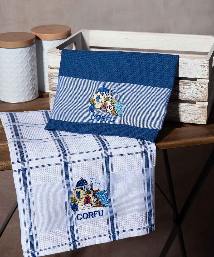 corfu-mple-naos Σετ 2 τεμαχίων ποτηρόπανα (50cm x 70cm) μπλέ εκκλησία CORFU SilkFashion - Image 1