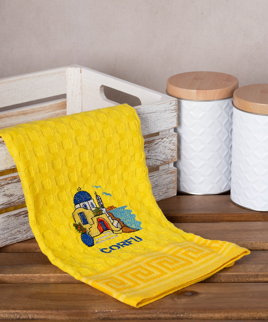 corfu-naos-kitrino Σετ 12 τεμαχίων ποτηρόπανα γκοφρέ (50cm x 70cm) κίτρινος εκκλησία CORFU SilkFashion - Image 1