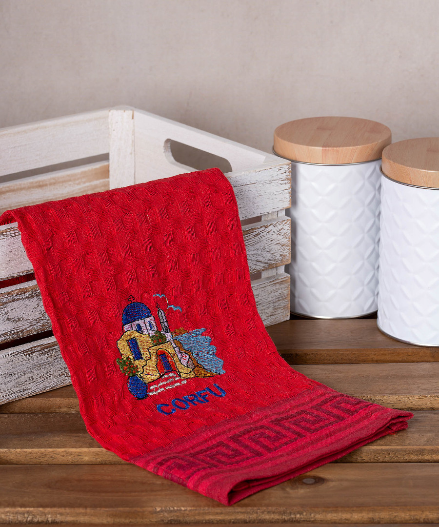 corfu-naos-kokkino Σετ 12 τεμαχίων ποτηρόπανα γκοφρέ (50cm x 70cm) κόκκινο εκκλησία CORFU SilkFashion - Image 1