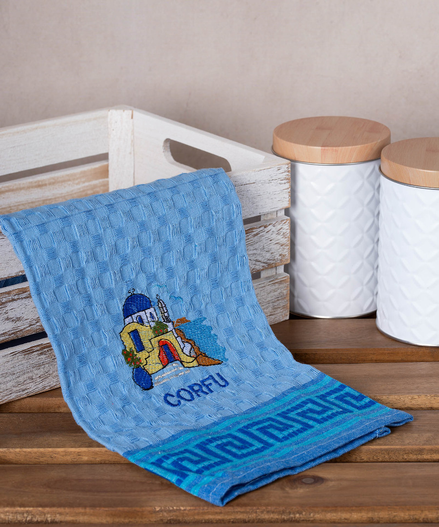 corfu-naos-mple Σετ 12 τεμαχίων ποτηρόπανα γκοφρέ (50cm x 70cm) μπλέ εκκλήσία CORFU SilkFashion - Image 1