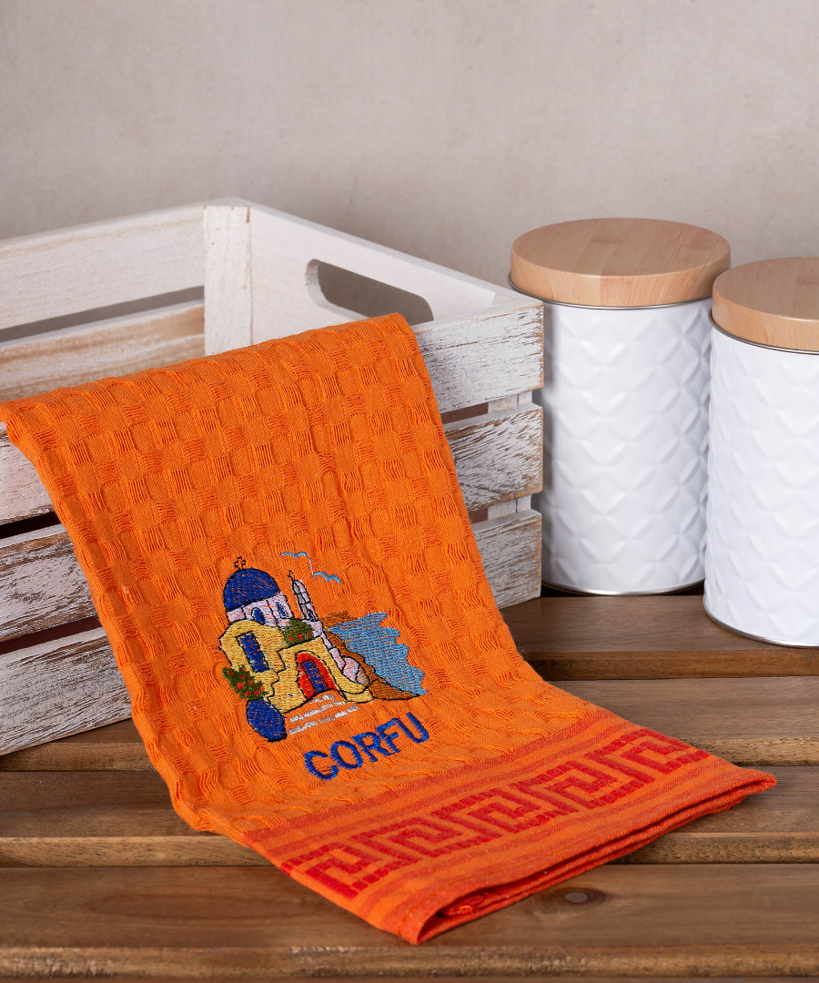 corfu-naos-portokali Σετ 12 τεμαχίων ποτηρόπανα γκοφρέ (50cm x 70cm) πορτοκαλί εκκλησία CORFU SilkFashion - Image 1