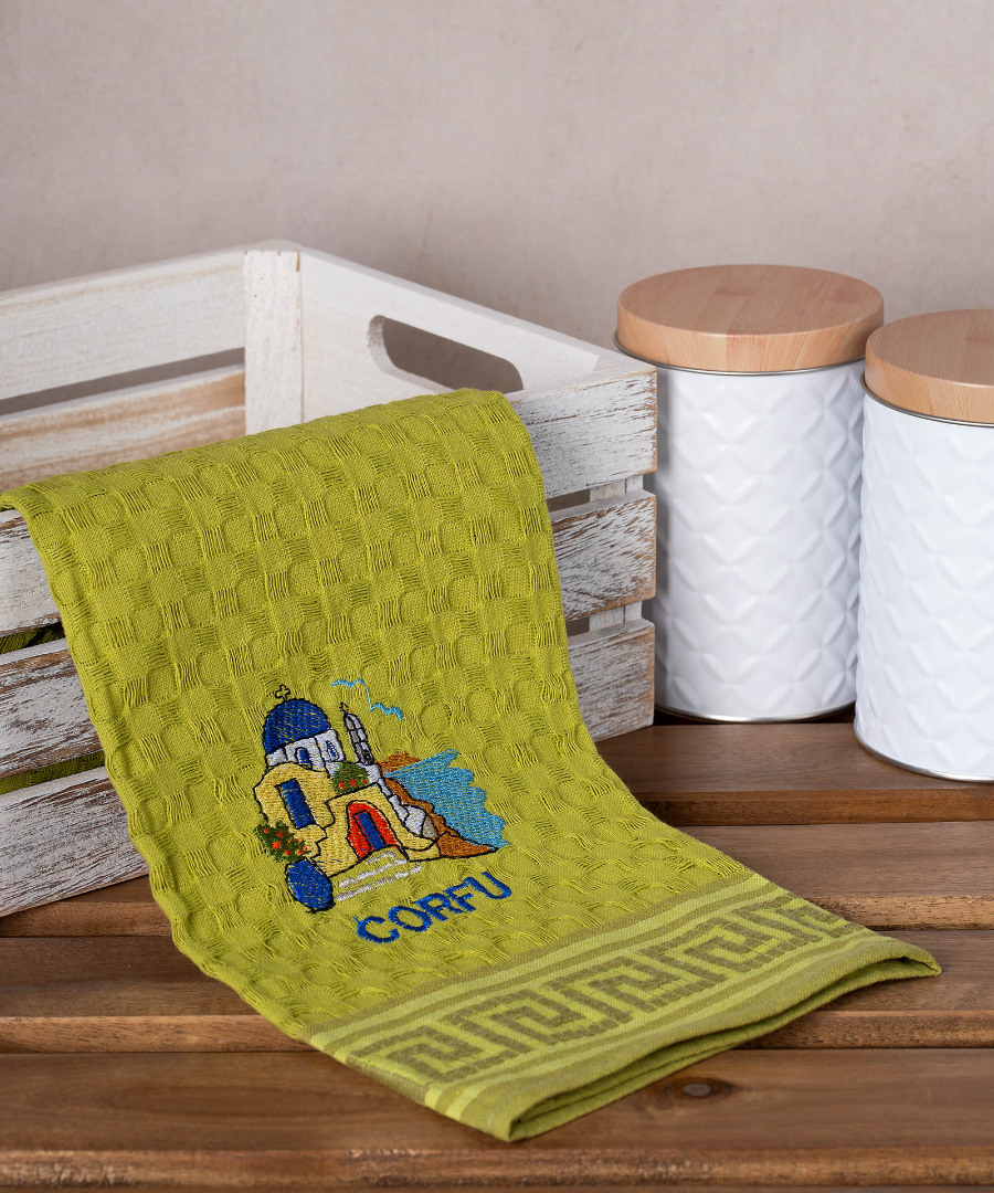 corfu-naos-prasino Σετ 12 τεμαχίων ποτηρόπανα γκοφρέ (50cm x 70cm) πράσινο εκκλησία CORFU SilkFashion - Image 1