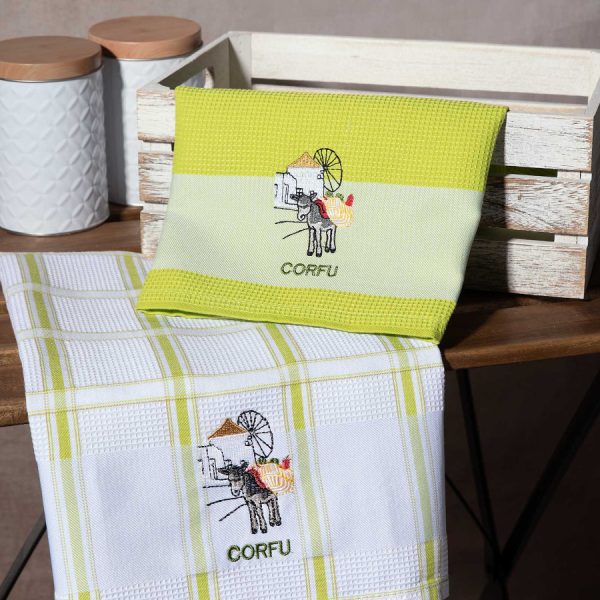Σετ 2 τεμαχίων ποτηρόπανα (50cm x 70cm) ανεμόμυλος πράσινο CORFU SilkFashion
