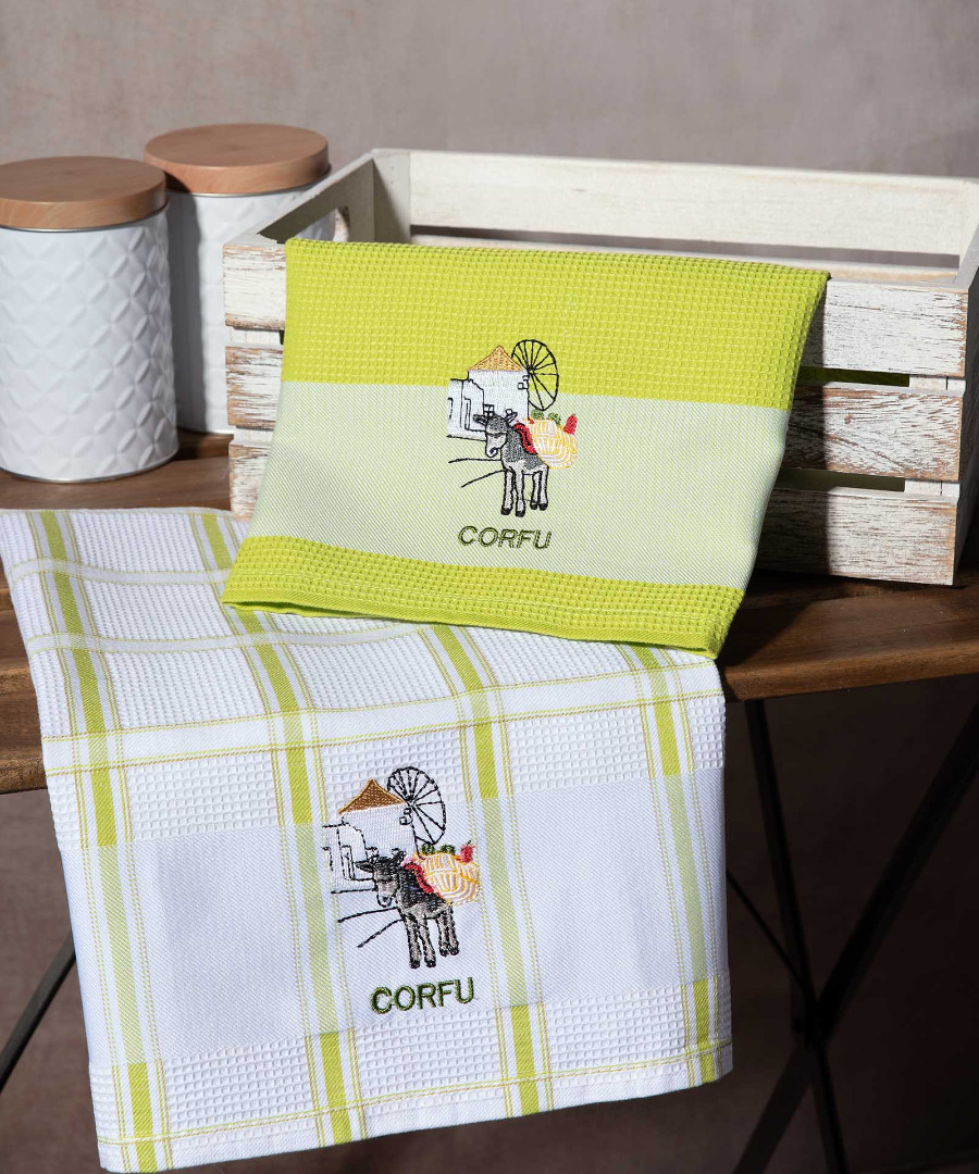 corfu-prasino-anemomylos Σετ 2 τεμαχίων ποτηρόπανα (50cm x 70cm) ανεμόμυλος πράσινο CORFU SilkFashion - Image 1