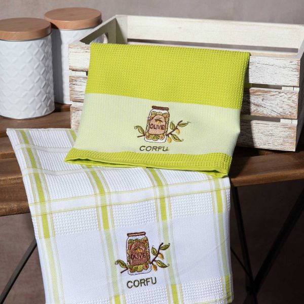 Σετ 2 τεμαχίων ποτηρόπανα (50cm x 70cm) βάζο πράσινο CORFU SilkFashion