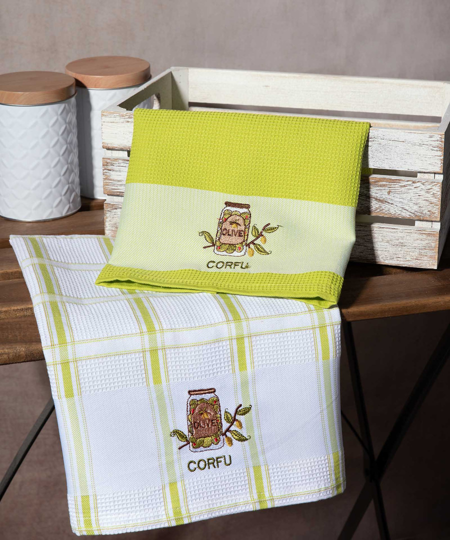 corfu-prasino-vazo Σετ 2 τεμαχίων ποτηρόπανα (50cm x 70cm) βάζο πράσινο CORFU SilkFashion - Image 1