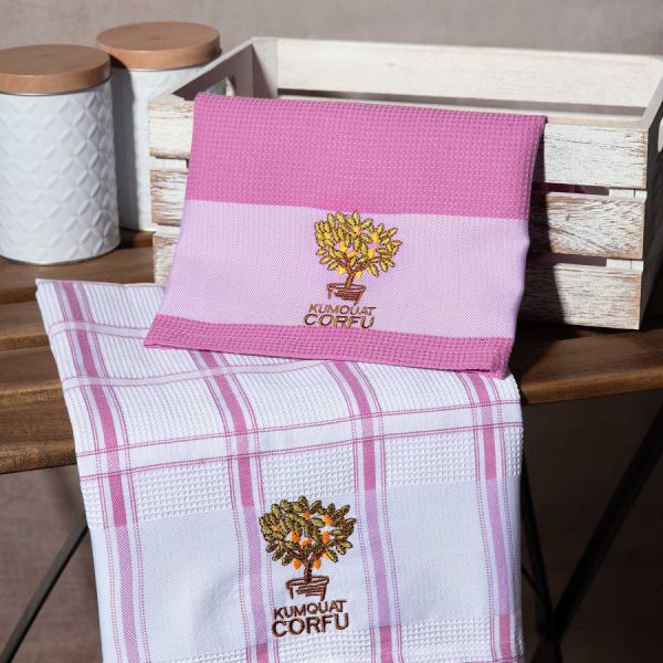 Σετ 2 τεμαχίων ποτηρόπανα (50cm x 70cm) ρόζ κουμ κουάτ CORFU SilkFashion