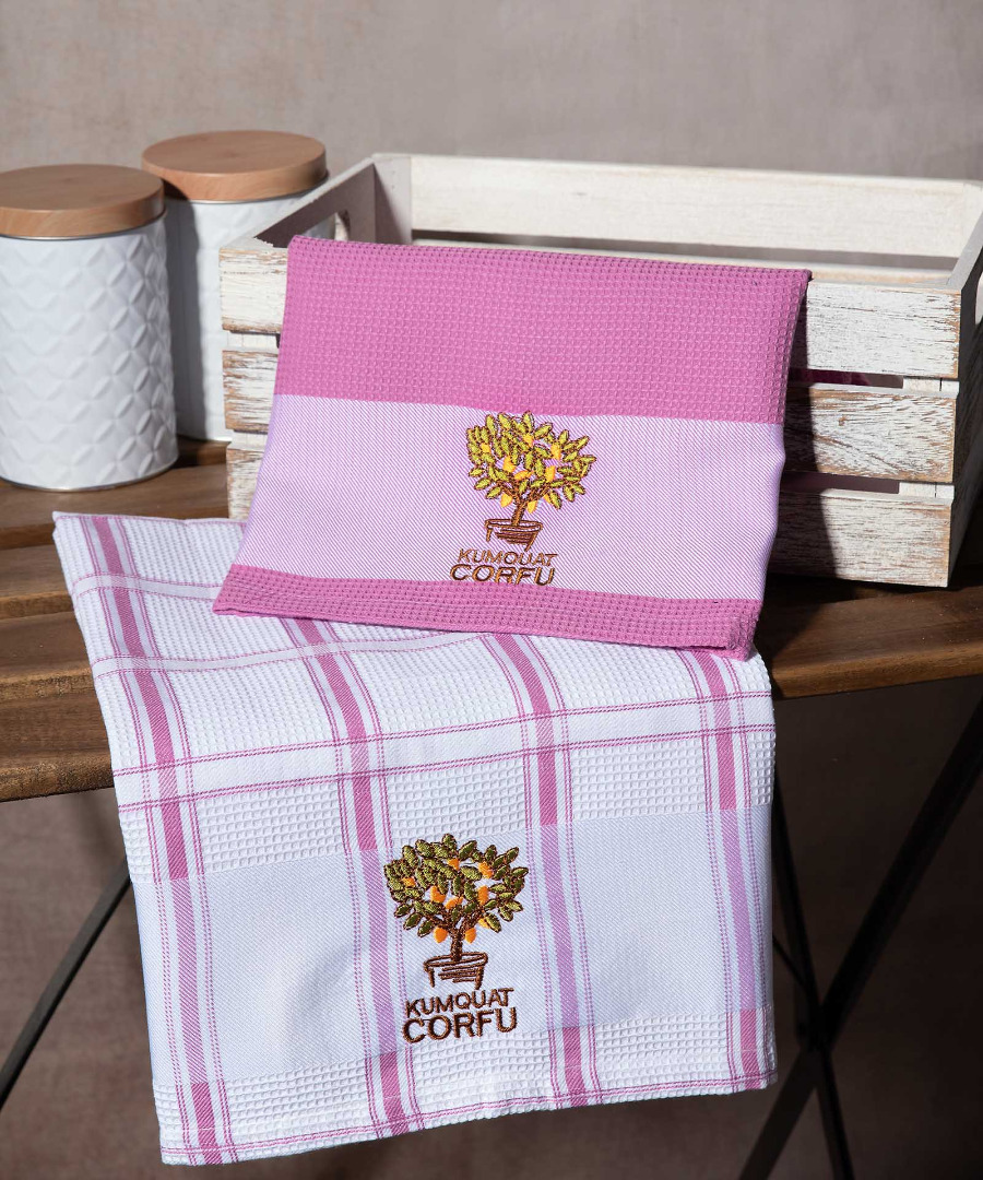 corfu-roz-kumquat Σετ 2 τεμαχίων ποτηρόπανα (50cm x 70cm) ρόζ κουμ κουάτ CORFU SilkFashion - Image 1