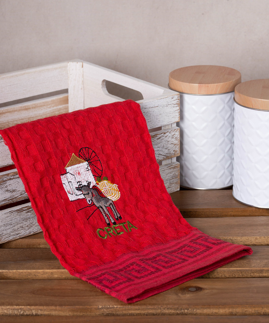 creta-gaidaros-kokkino Σετ 12 τεμαχίων ποτηρόπανα γκοφρέ (50cm x 70cm) κόκκινο γάιδαρος CRETA SilkFashion - Image 1