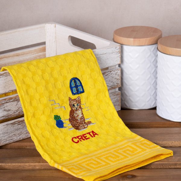 Σετ 12 τεμαχίων ποτηρόπανα γκοφρέ (50cm x 70cm) κίτρινο γάτα CRETA SilkFashion