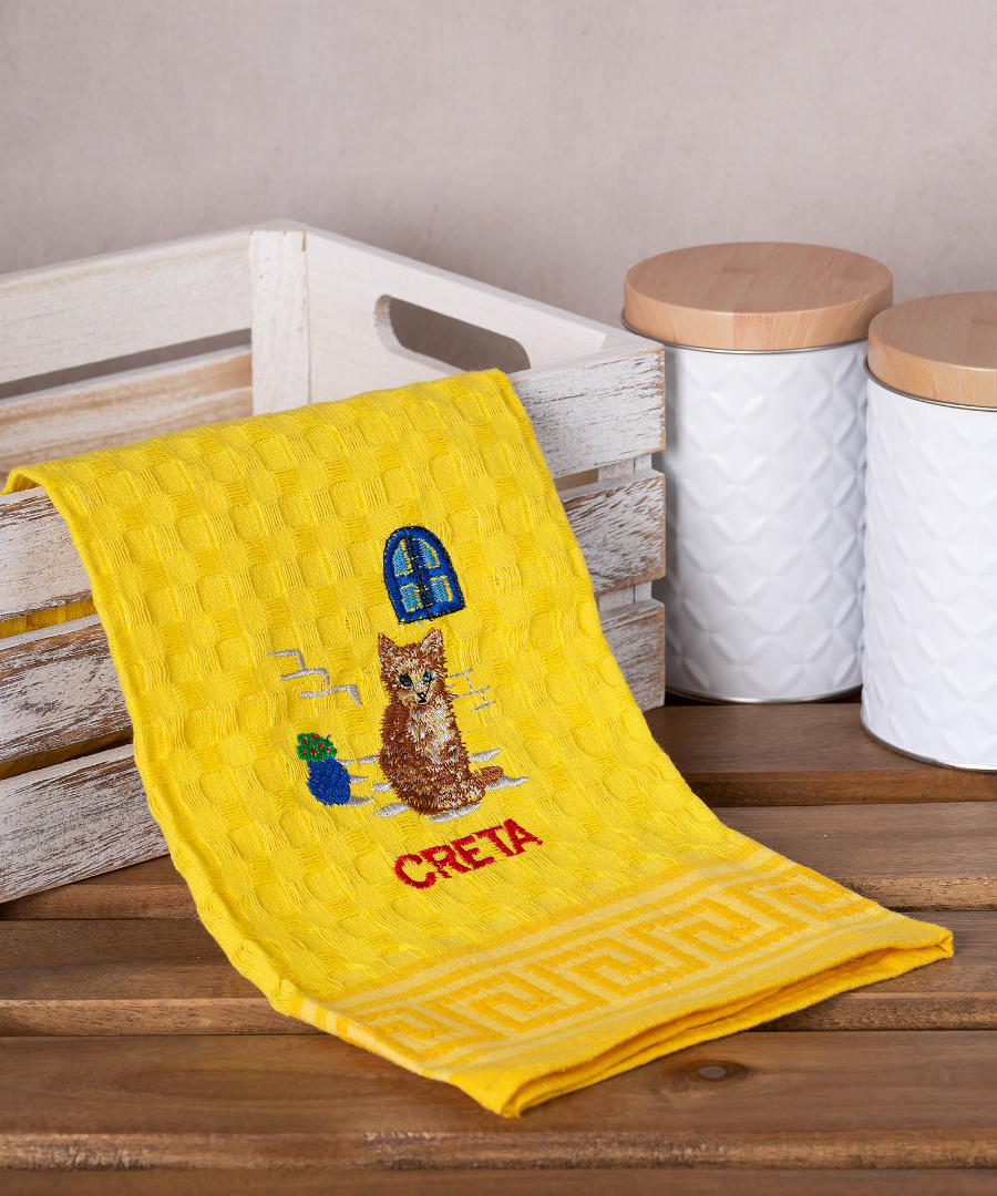 creta-gata-kitrino Σετ 12 τεμαχίων ποτηρόπανα γκοφρέ (50cm x 70cm) κίτρινο γάτα CRETA SilkFashion - Image 1