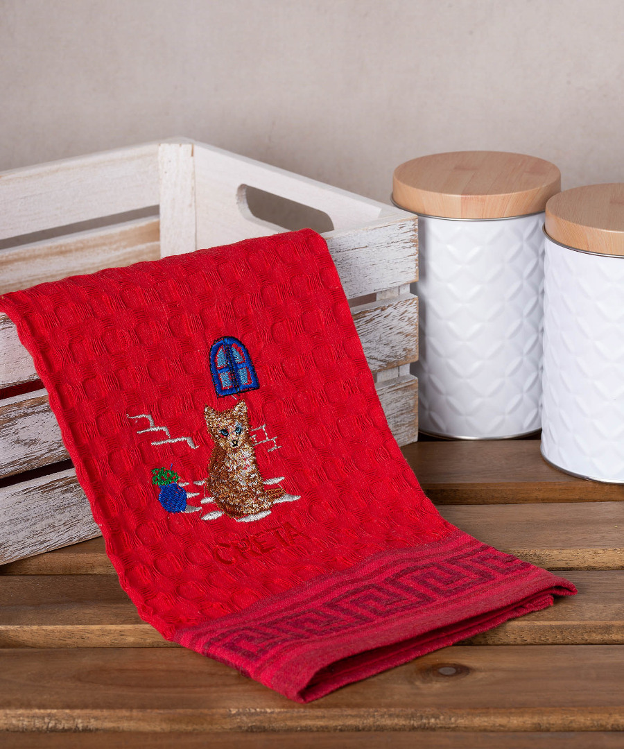 creta-gata-kokkino Σετ 12 τεμαχίων ποτηρόπανα γκοφρέ (50cm x 70cm) κόκκινο γάτα CRETA SilkFashion - Image 1