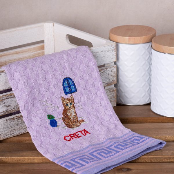 Σετ 12 τεμαχίων ποτηρόπανα γκοφρέ (50cm x 70cm) λιλά γάτα CRETA SilkFashion