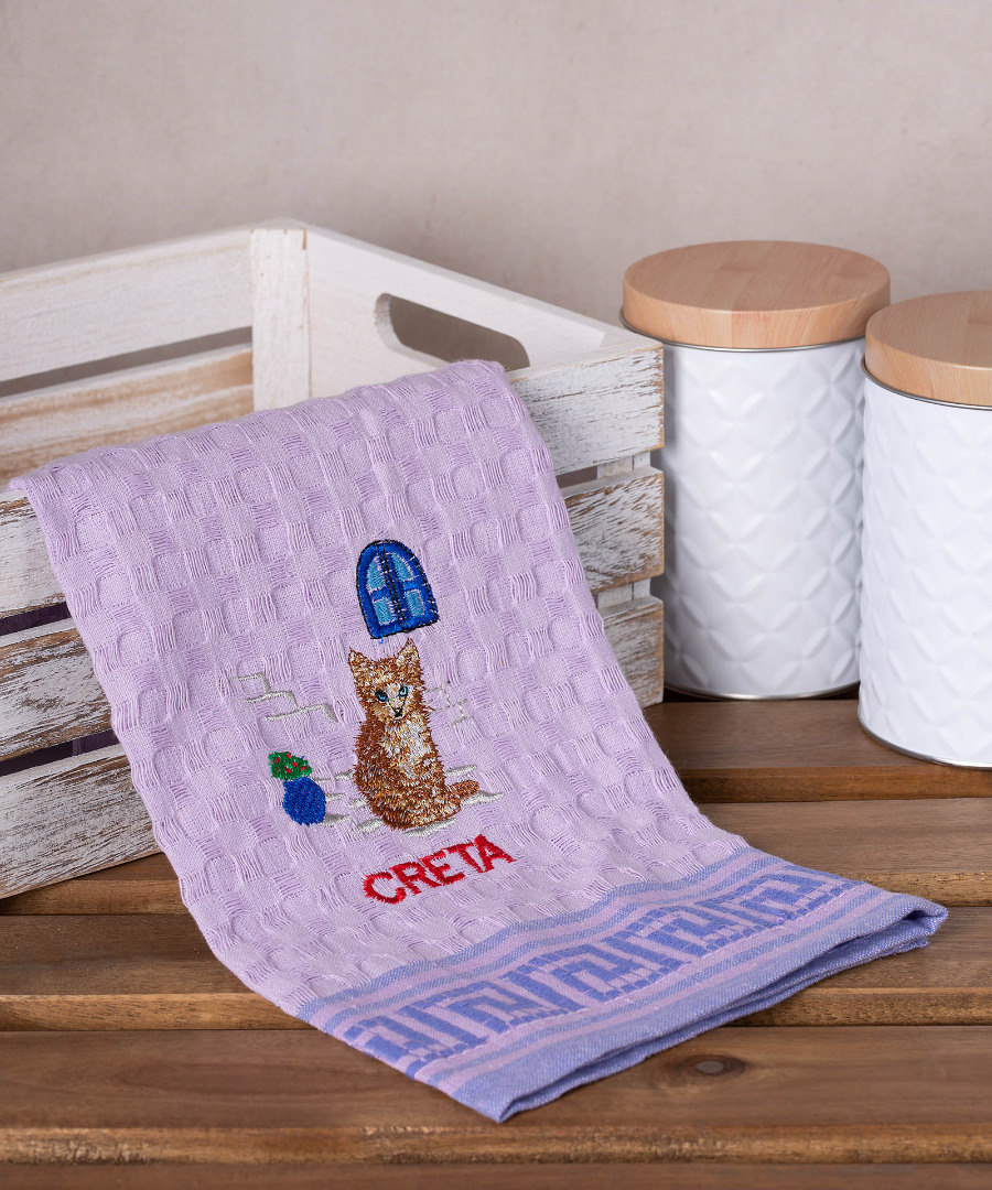 creta-gata-lila Σετ 12 τεμαχίων ποτηρόπανα γκοφρέ (50cm x 70cm) λιλά γάτα CRETA SilkFashion - Image 1