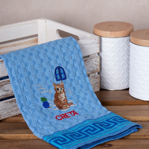 Σετ 12 τεμαχίων ποτηρόπανα γκοφρέ (50cm x 70cm) μπλέ γάτα CRETA SilkFashion