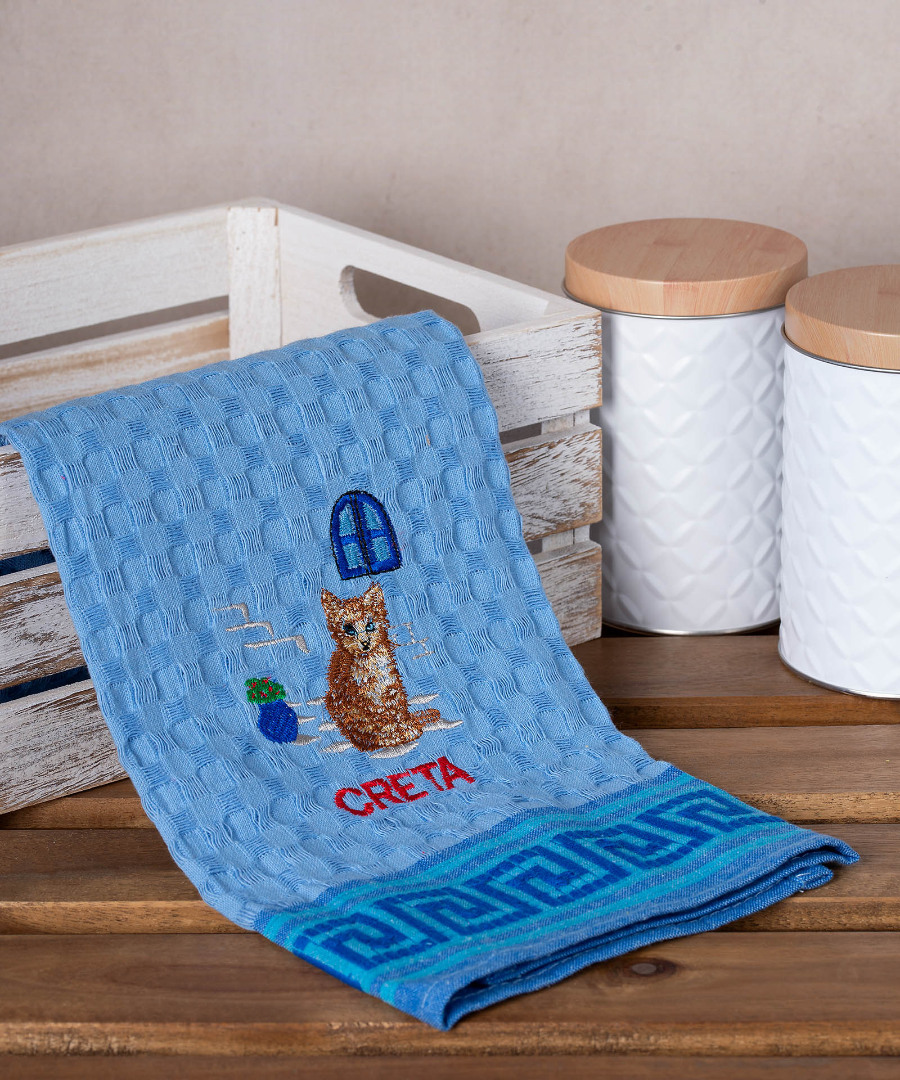 creta-gata-mple Σετ 12 τεμαχίων ποτηρόπανα γκοφρέ (50cm x 70cm) μπλέ γάτα CRETA SilkFashion - Image 1