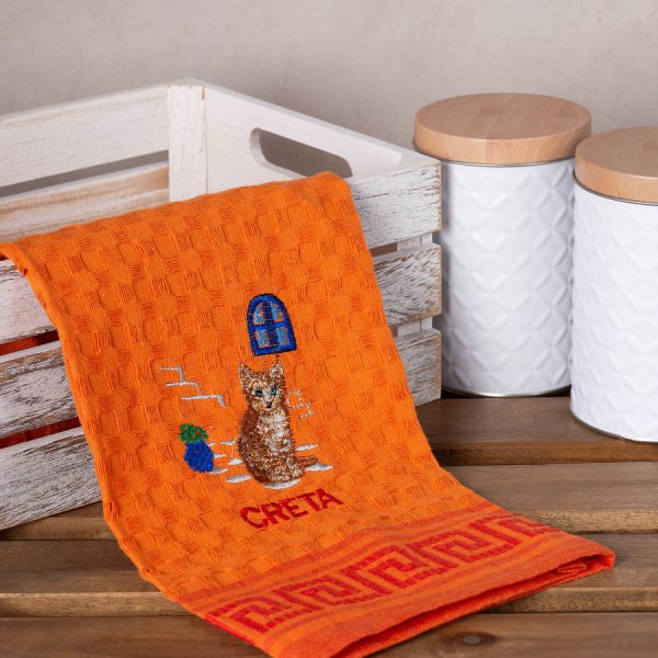 Σετ 12 τεμαχίων ποτηρόπανα γκοφρέ (50cm x 70cm) πορτοκαλί γάτα CRETA SilkFashion