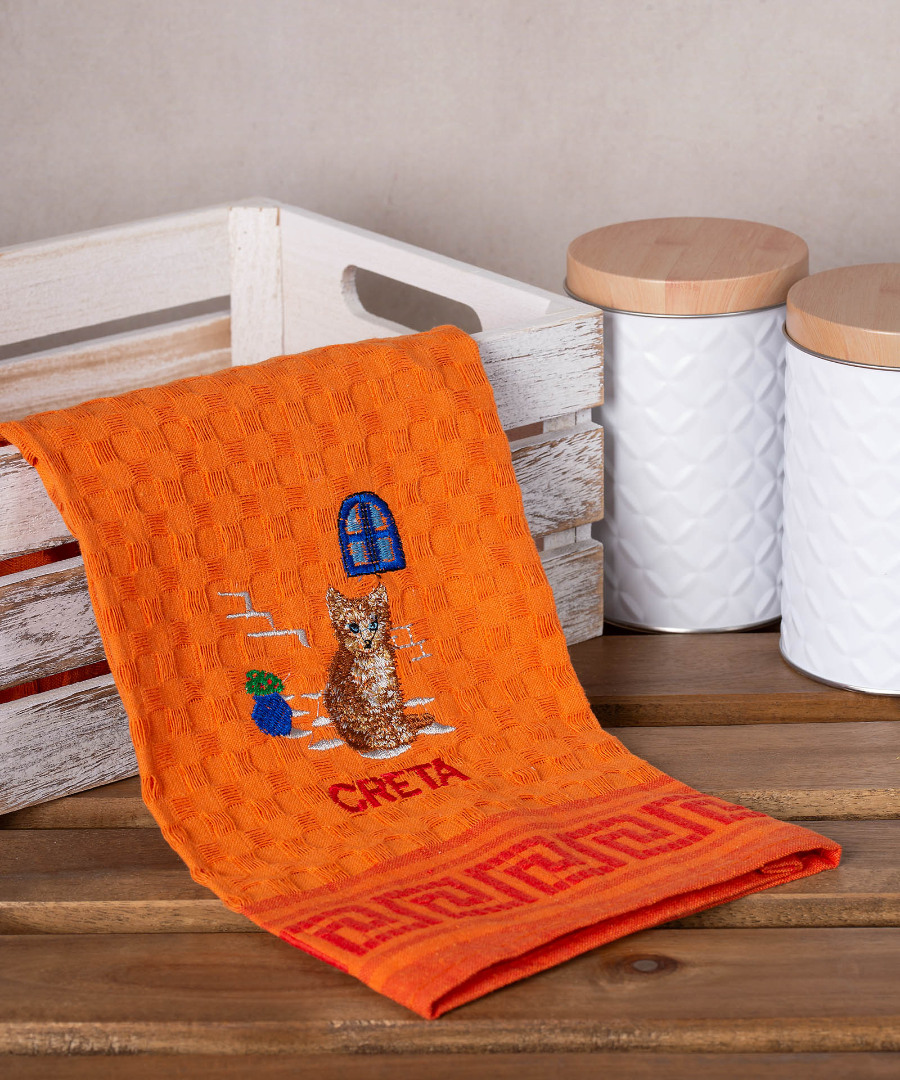 creta-gata-portokali Σετ 12 τεμαχίων ποτηρόπανα γκοφρέ (50cm x 70cm) πορτοκαλί γάτα CRETA SilkFashion - Image 1
