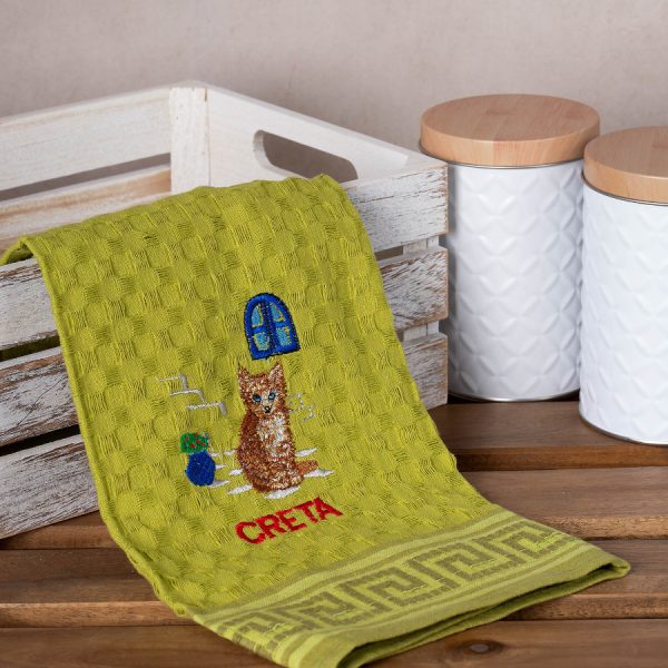 Σετ 12 τεμαχίων ποτηρόπανα γκοφρέ (50cm x 70cm) πράσινο γάτα CRETA SilkFashion