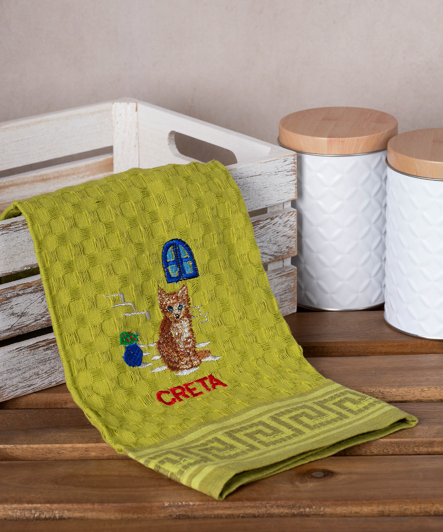 creta-gata-prasino Σετ 12 τεμαχίων ποτηρόπανα γκοφρέ (50cm x 70cm) πράσινο γάτα CRETA SilkFashion - Image 1