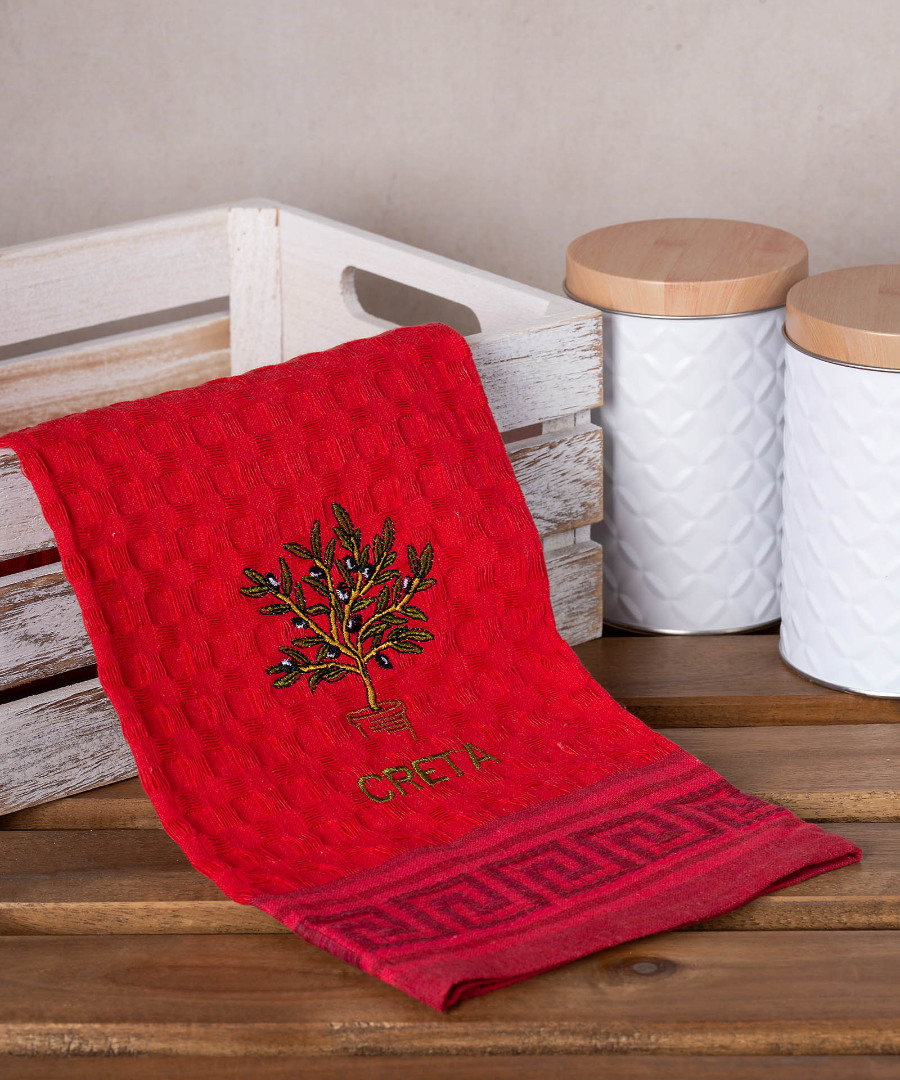 creta-glastra-kokkino Σετ 12 τεμαχίων ποτηρόπανα γκοφρέ (50cm x 70cm) κόκκινο γλάστρα CRETA SilkFashion - Image 1