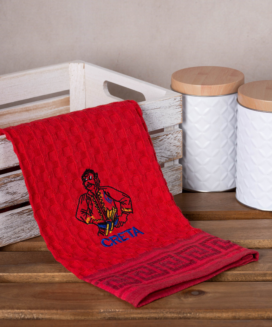creta-kritikos-kokkino Σετ 12 τεμαχίων ποτηρόπανα γκοφρέ (50cm x 70cm) κόκκινο κρητικός CRETA SilkFashion - Image 1