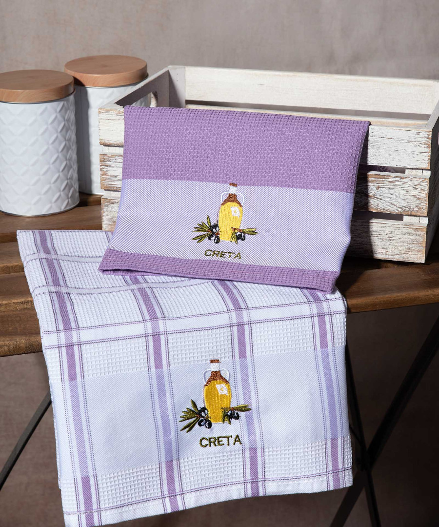 creta-lila-mpotilia Σετ 2 τεμαχίων ποτηρόπανα (50cm x 70cm) μπουκάλι λιλά CRETA SilkFashion - Image 1