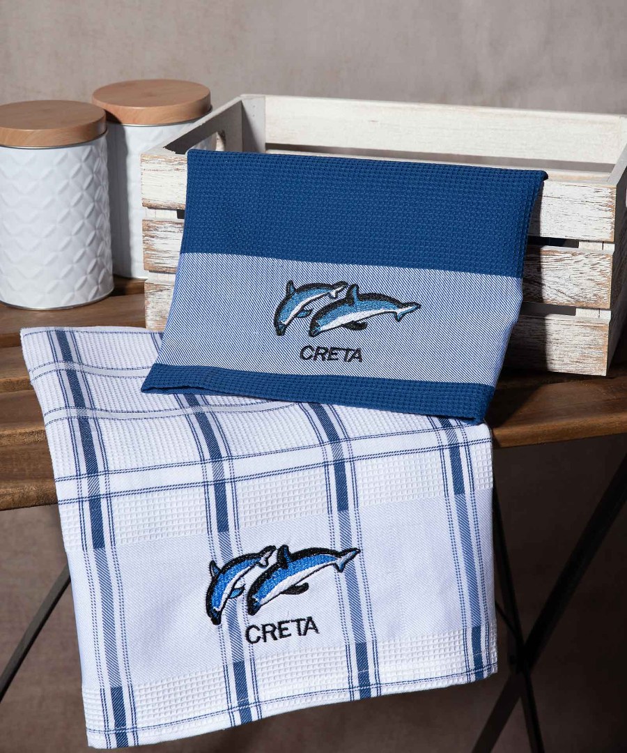 creta-mple-delfini Σετ 2 τεμαχίων ποτηρόπανα (50cm x 70cm) μπλέ δελφίνι CRETA SilkFashion - Image 1