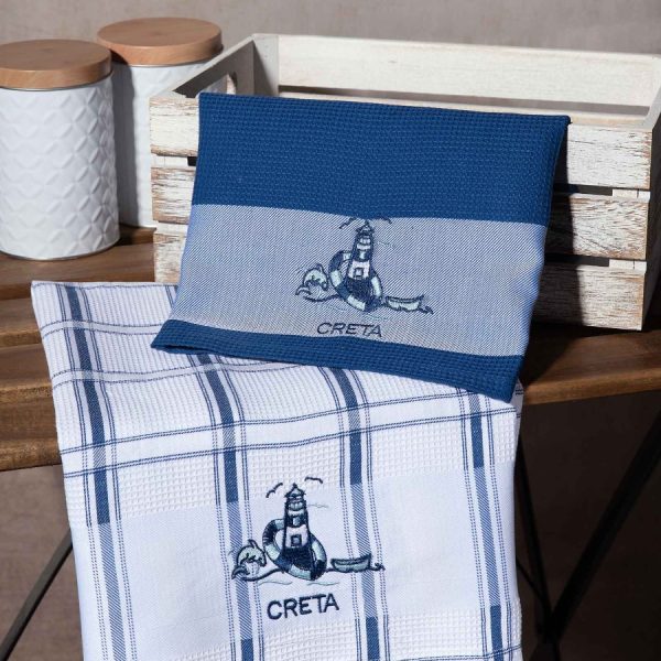 Σετ 2 τεμαχίων ποτηρόπανα (50cm x 70cm) μπλέ φάρος CRETA SilkFashion