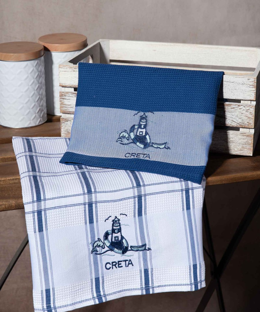creta-mple-faros Σετ 2 τεμαχίων ποτηρόπανα (50cm x 70cm) μπλέ φάρος CRETA SilkFashion - Image 1