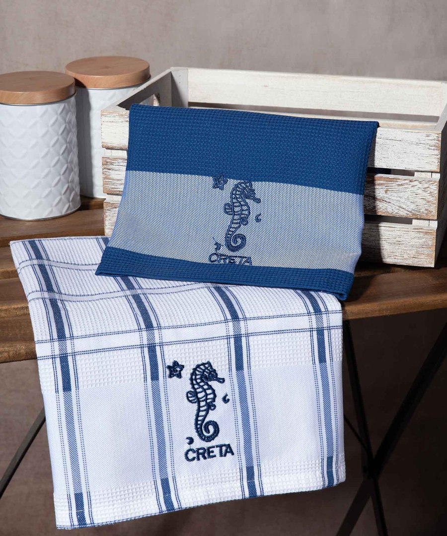 creta-mple-ippokampos Σετ 2 τεμαχίων ποτηρόπανα (50cm x 70cm) μπλέ ιππόκαμπος CRETA SilkFashion - Image 1