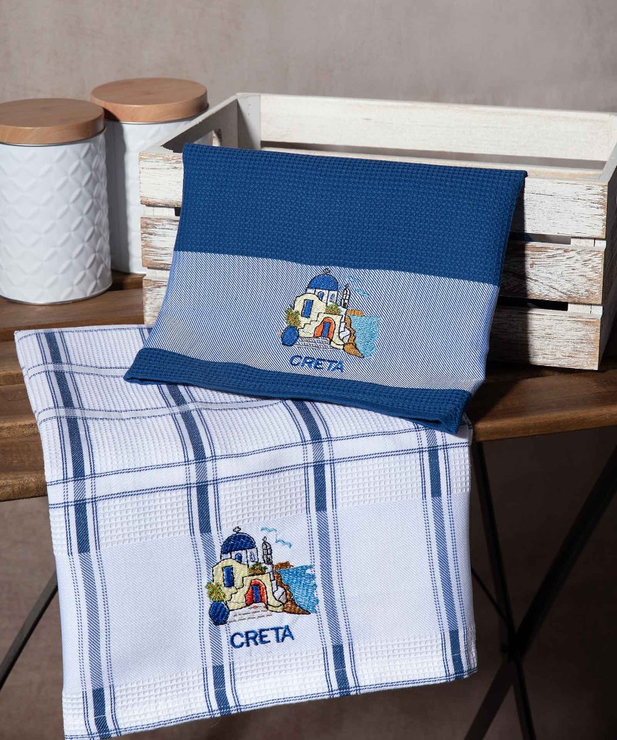 creta-mple-naos Σετ 2 τεμαχίων ποτηρόπανα (50cm x 70cm) μπλέ εκκλησία CRETA SilkFashion - Image 1