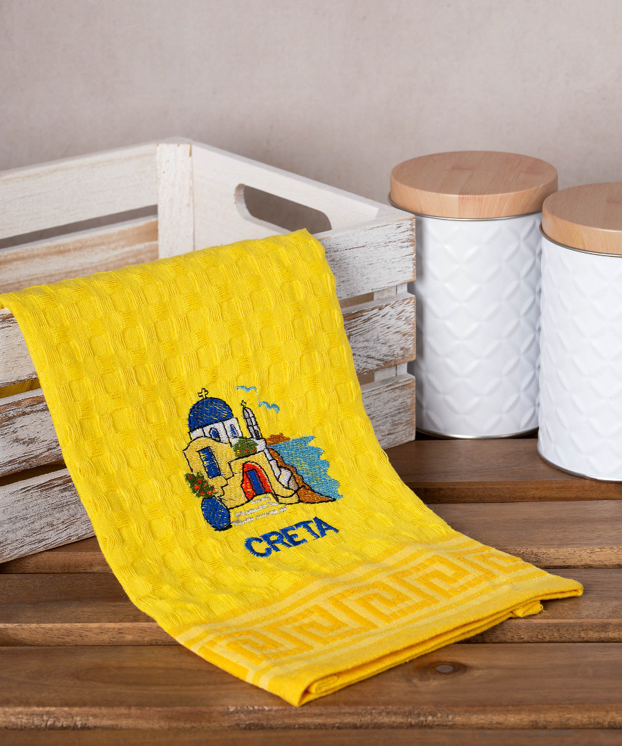 creta-naos-kitrino Σετ 12 τεμαχίων ποτηρόπανα γκοφρέ (50cm x 70cm) κίτρινος εκκλησία CRETA SilkFashion - Image 1