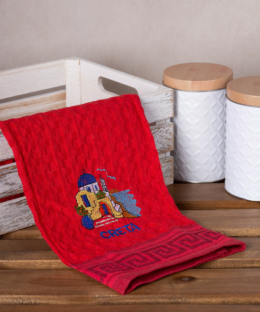 creta-naos-kokkino Σετ 12 τεμαχίων ποτηρόπανα γκοφρέ (50cm x 70cm) κόκκινο εκκλησία CRETA SilkFashion - Image 1