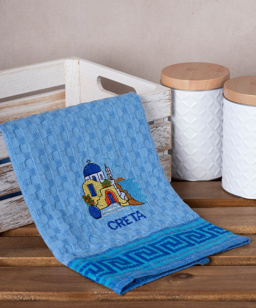 creta-naos-mple Σετ 12 τεμαχίων ποτηρόπανα γκοφρέ (50cm x 70cm) μπλέ εκκλήσία CRETA SilkFashion - Image 1