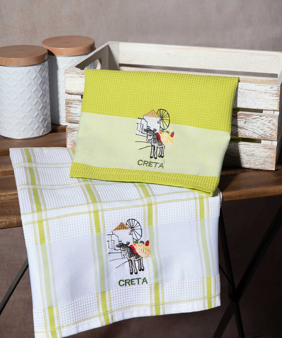 creta-prasino-anemomylos Σετ 2 τεμαχίων ποτηρόπανα (50cm x 70cm) ανεμόμυλος πράσινο CRETA SilkFashion - Image 1